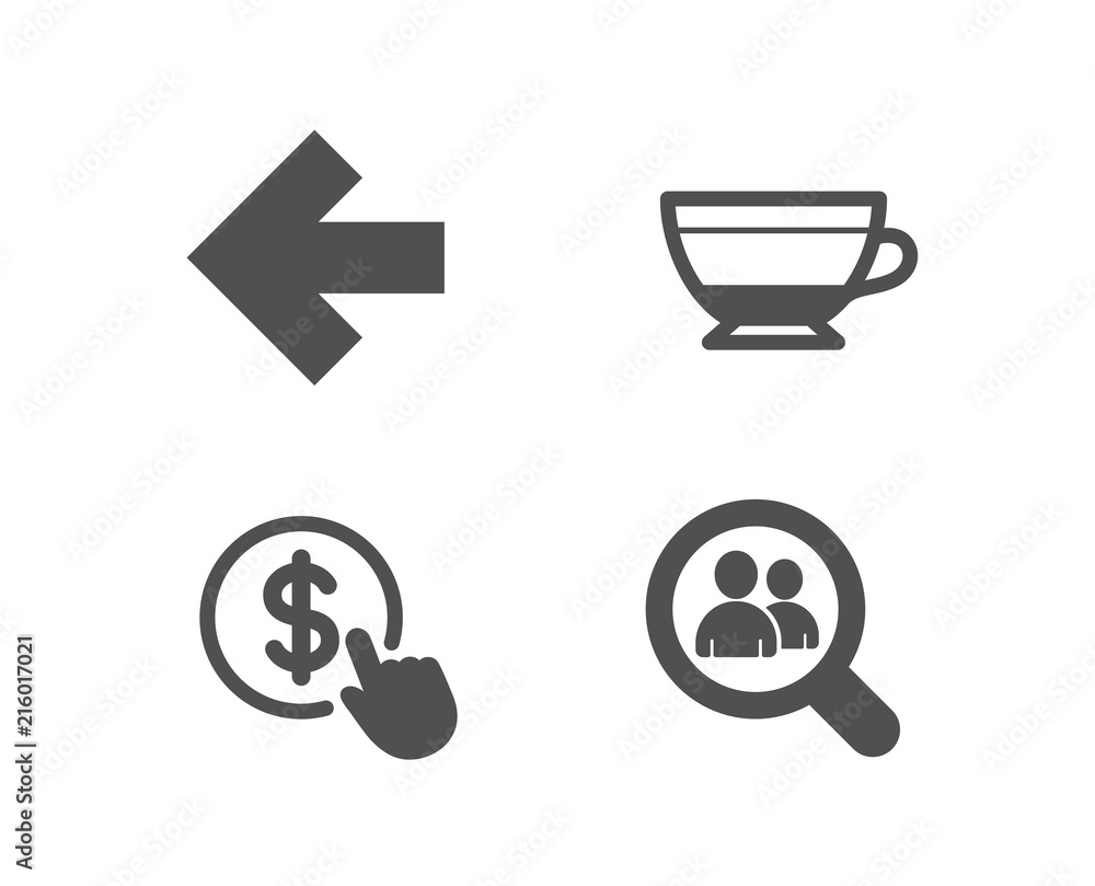 Set of Dry cappuccino, Left arrow and Buy currency icons. Search employees sign. Beverage mug, Direction arrow, Money exchange. Staff analysis. Quality design elements. Classic style. Vector Set of Dry cappuccino, Left arrow and Buy currency icons. Search employees sign. Beverage mug, Direction arrow, Money exchange. Staff analysis. Quality design elements. Classic style. Vector