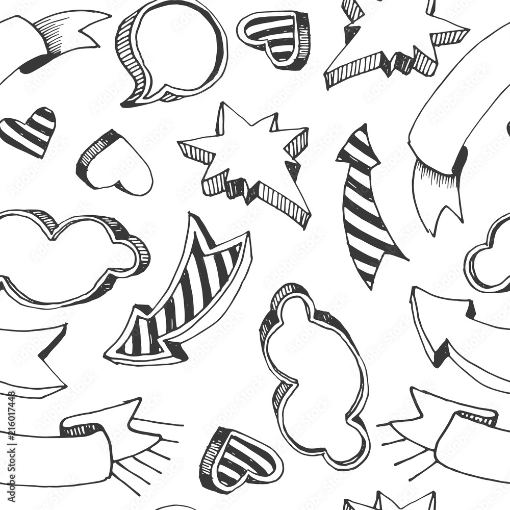 Fototapeta premium Seamless pattern with various hand-drawn items on a white background.