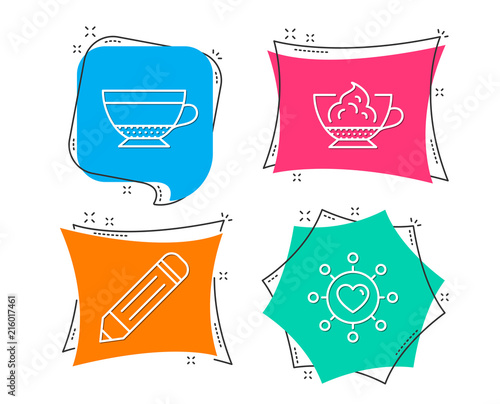 Set of Pencil, Dry cappuccino and Espresso cream icons. Dating network sign. Edit data, Beverage mug, Cafe con panna. Relationships network.  Flat geometric colored tags. Vivid banners. Vector
