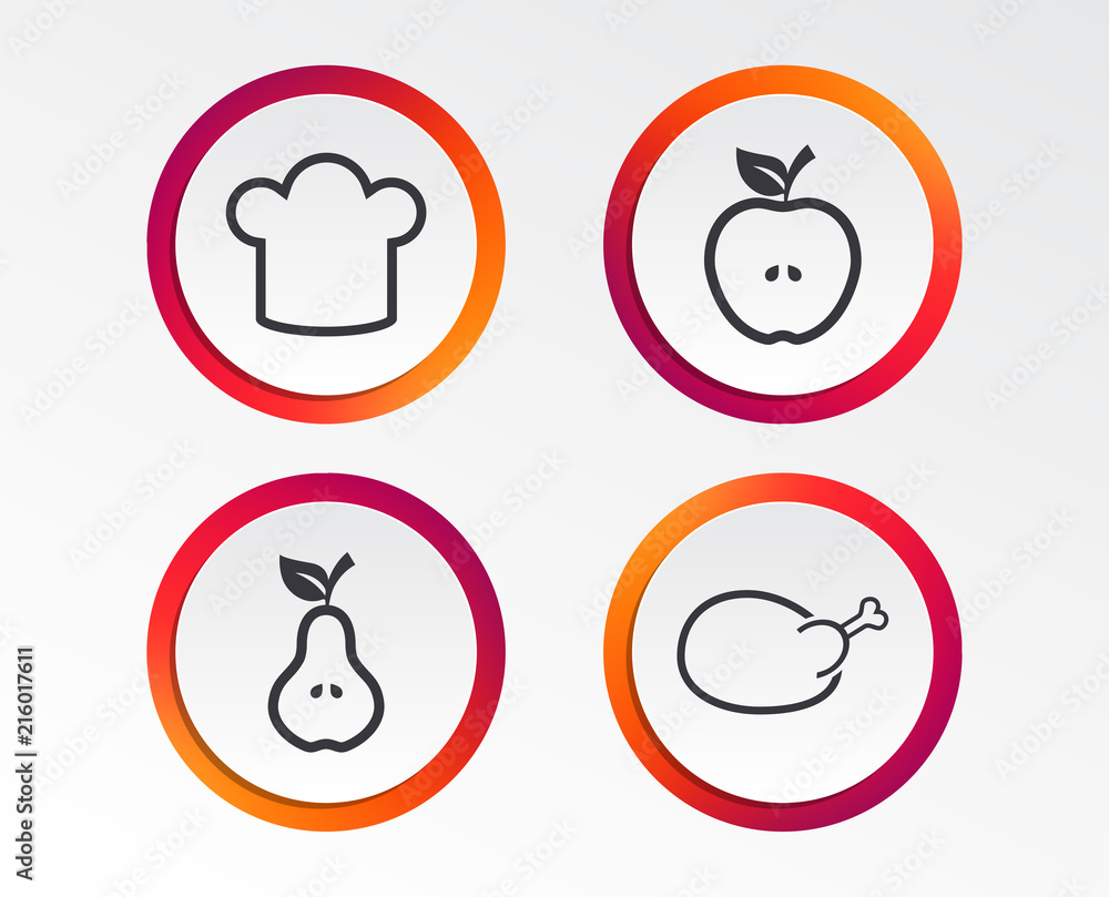 Food icons. Apple and Pear fruits with leaf symbol. Chicken hen bird meat sign. Chef hat icons. Infographic design buttons. Circle templates. Vector Food icons. Apple and Pear fruits with leaf symbol. Chicken hen bird meat sign. Chef hat icons. Infographic design buttons. Circle templates. Vector