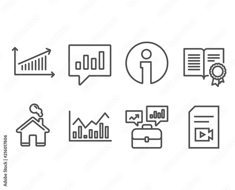 Set of Analytical chat, Diploma and Business portfolio icons. Chart, Infochart and Video file signs. Communication speech bubble, Document with badge, Job interview. Vector Set of Analytical chat, Diploma and Business portfolio icons. Chart, Infochart and Video file signs. Communication speech bubble, Document with badge, Job interview. Vector