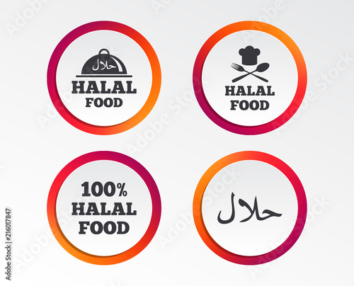 Halal food icons. 100% natural meal symbols. Chef hat with spoon and fork sign. Natural muslims food. Infographic design buttons. Circle templates. Vector