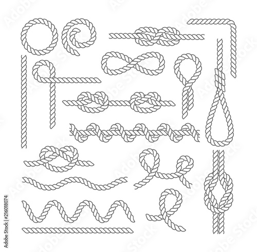 Set of sea knots and loops. Cable rope, tied, untied.