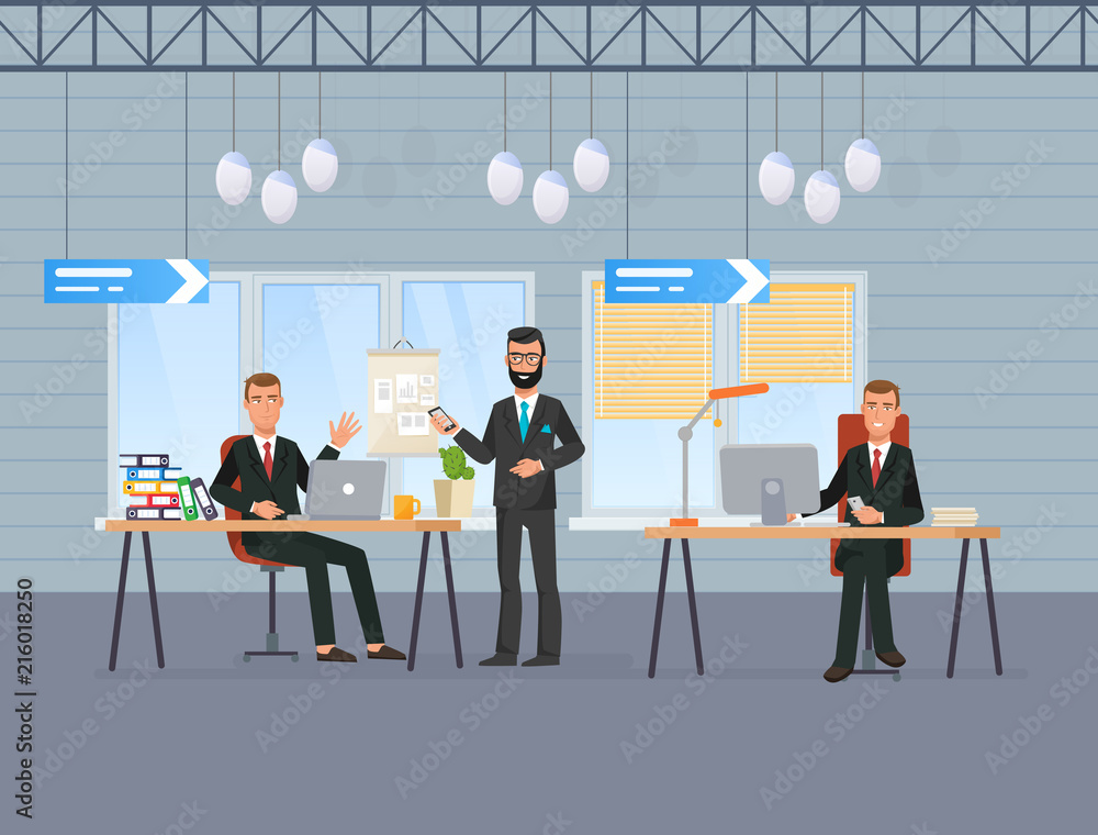 Fototapeta premium Workers hold conference, meeting, discuss common affairs, communicate with customers.