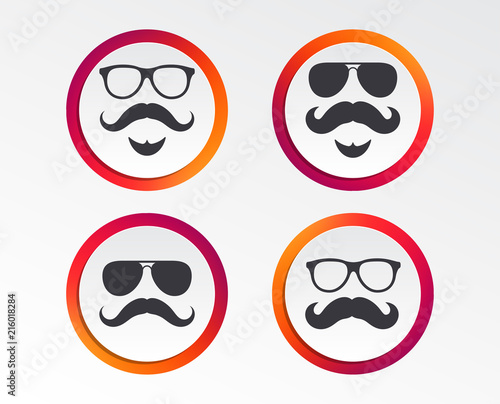 Mustache and Glasses icons. Hipster with beard symbols. Facial hair signs. Infographic design buttons. Circle templates. Vector