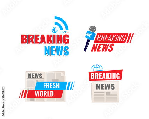 Set logos, logotypes, breaking news broadcast, social media emblems.