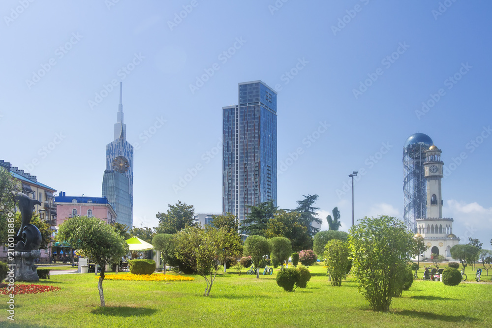 Obraz premium Batumi, Georgia - June 30, 2018: Modern Skyscraper Residential House On Blue Sky Background In Batumi, Adjara, Georgia