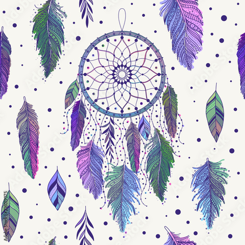 Colorful dreamcatchers and feathers seamless pattern