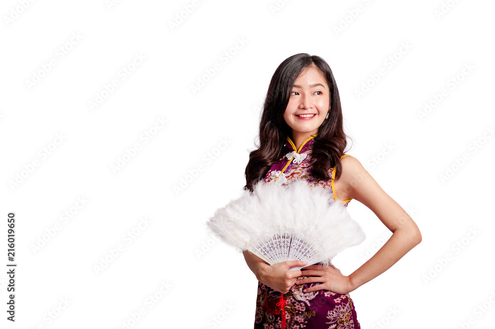 woman wear cheongsam in chinese new year.isolated on white background woman wear cheongsam in chinese new year.isolated on white background