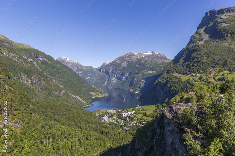 Beautiful view of Geiranger fjord and valley from Flydalsjuvet Rock