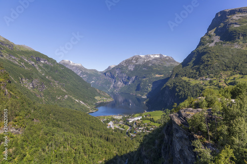 Beautiful view of Geiranger fjord and valley from Flydalsjuvet Rock