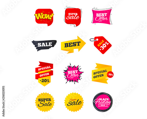 Sale banners. Best offers, discounts tags. Market sale flyers or Clearance special offers. Shopping sale stars templates. Vector illustration
