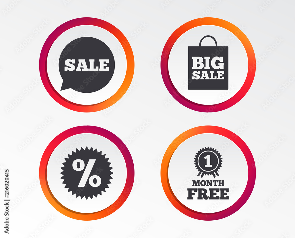 Sale speech bubble icon. Discount star symbol. Big sale shopping bag sign. First month free medal. Infographic design buttons. Circle templates. Vector
