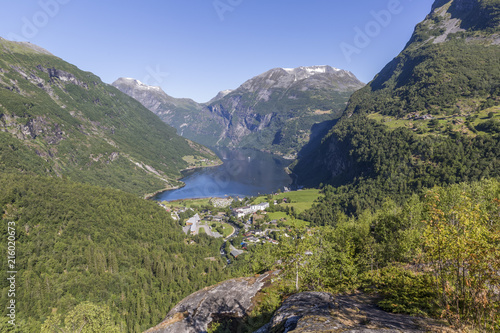 Beautiful view of Geiranger fjord and valley from Flydalsjuvet Rock