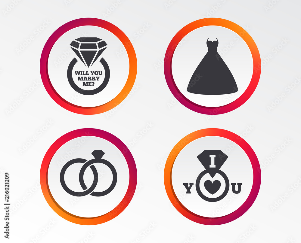 Wedding dress icon. Bride and groom rings symbol. Wedding or engagement day ring with diamond sign. Will you marry me? Infographic design buttons. Circle templates. Vector Wedding dress icon. Bride and groom rings symbol. Wedding or engagement day ring with diamond sign. Will you marry me? Infographic design buttons. Circle templates. Vector