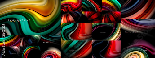 Fluid color flow abstract background mega collection, modern colorful flowing designs, liquid waves on black