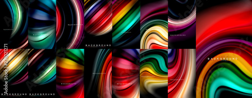 Fluid color flow abstract background mega collection, modern colorful flowing designs, liquid waves on black