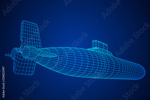 Military atomic submarine underwater boat. Wireframe low poly mesh vector illustration