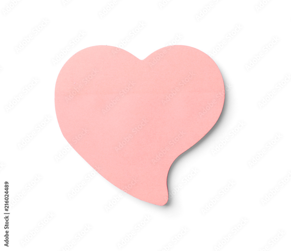 Heart shaped sticky note on white background. School stationery