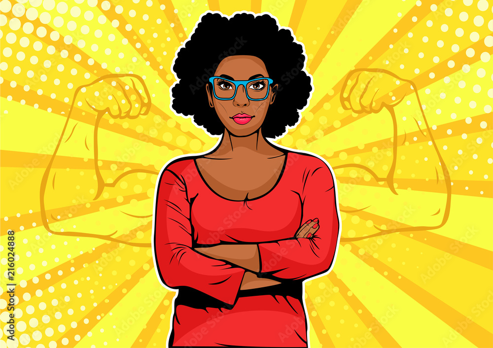 Fototapeta Afro american businesswoman with muscles pop art retro style. Strong Businessman in comic style. Success concept vector illustration.