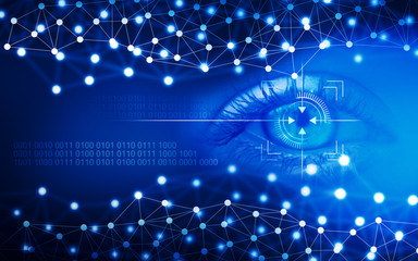 scanner of the eye on an abstract holographic background. The concept of modern and virtual reality