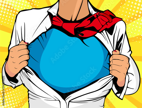 Pop art female superhero. Young sexy woman dressed in white jacket shows superhero t-shirt. Vector illustration in retro pop art comic style.