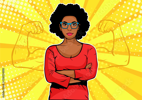 Afro american businesswoman with muscles pop art retro style. Strong Businessman in comic style. Success concept vector illustration.