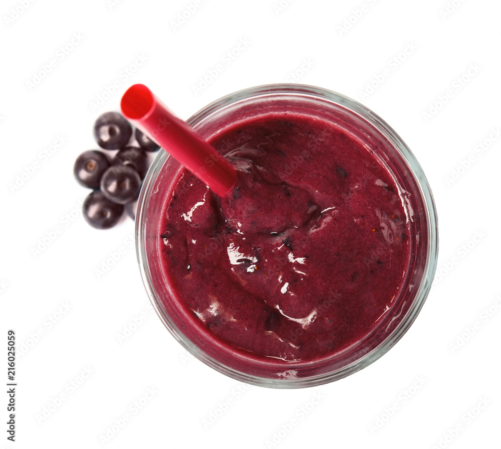 Glass with delicious acai smoothie on white background Glass with delicious acai smoothie on white background