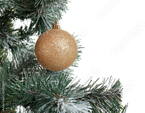 Beautiful Christmas tree with decor on white background, closeup. Celebration time