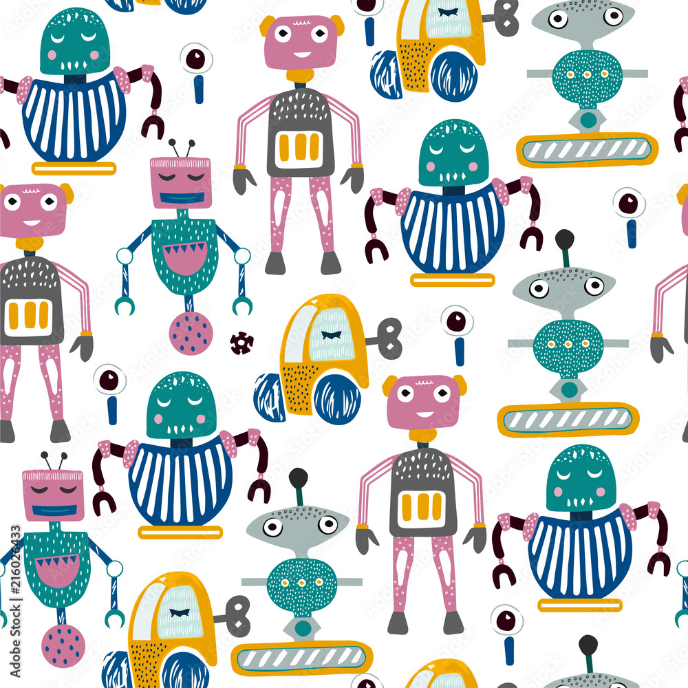 Seamless pattern with robots. Kid, childish and nursery illustration for textile,fabric,background.