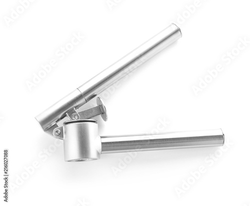 Garlic press on white background. Kitchen utensil