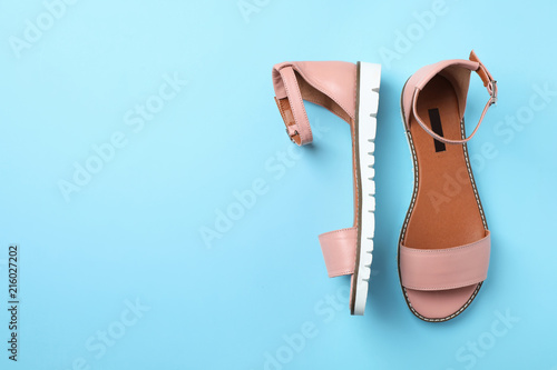 Pair of trendy women's shoes on color background, top view