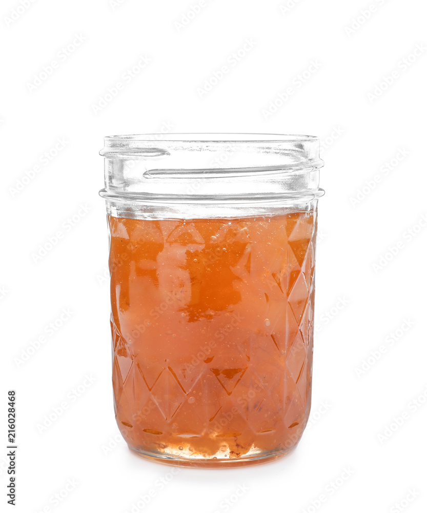Jar with delicious apricot jam on white background Jar with delicious apricot jam on white background
