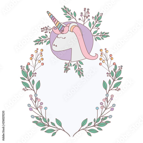 unicorn with flowers wreath decoratives vector illustration design