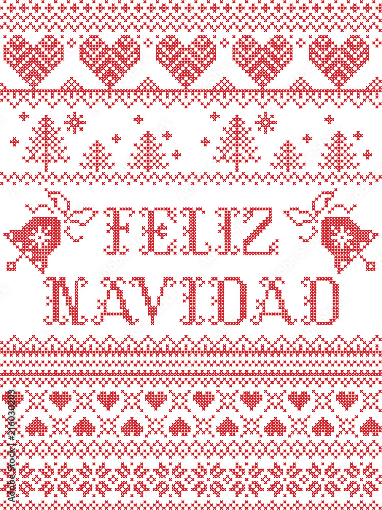 Feliz Navidad vector seamless pattern inspired by nordic culture festive winter in cross stitch with heart, snowflake, mittens, Christmas bells, Christmas tree ornaments in red and white