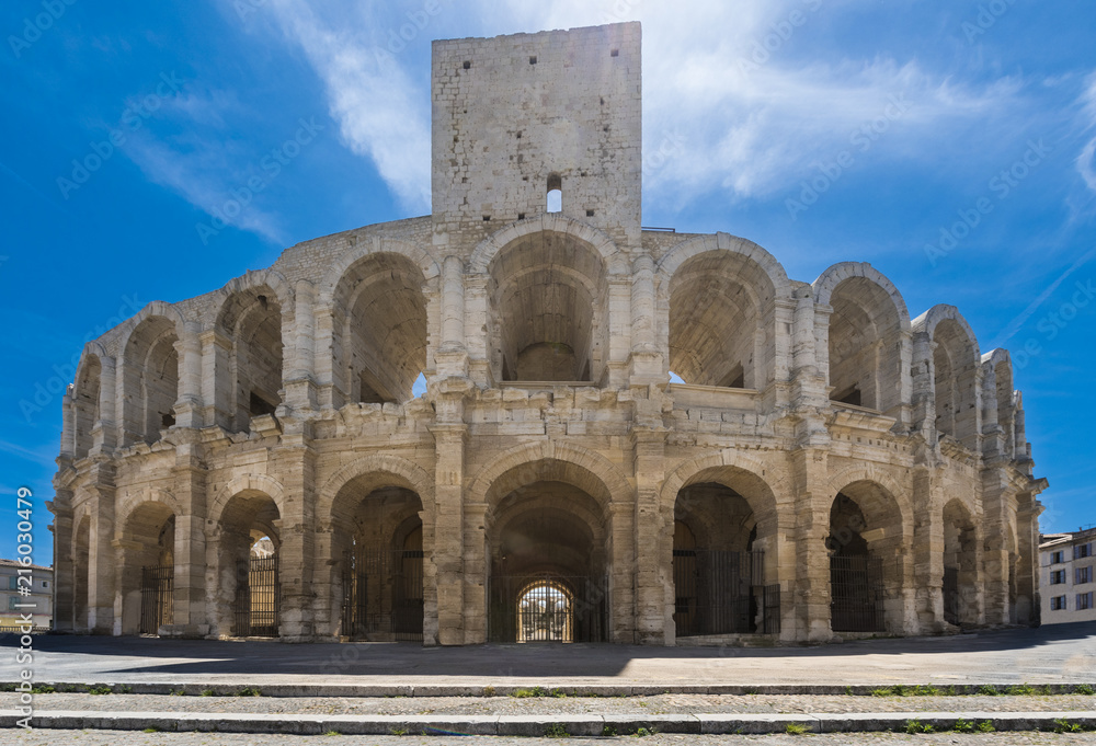 Roman amphitheater in historic city center of Arles. Buches du Rhone, Provence, France, Europe..