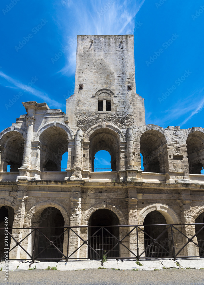Roman amphitheater in historic city center of Arles. Buches du Rhone, Provence, France, Europe..