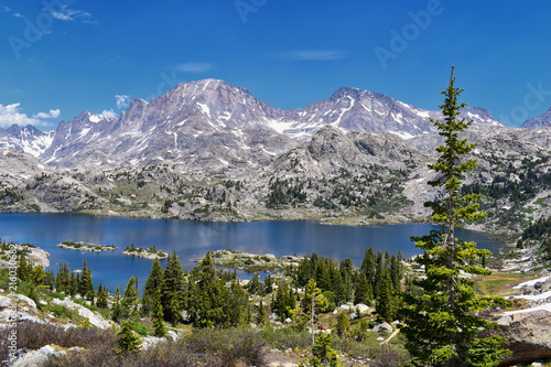 Island Lake in the Wind River Range, Rocky Mountains, Wyoming, views from backpacking hiking trail to Titcomb Basin from Elkhart Park Trailhead going past Hobbs, Seneca, Upper and Lower Jean Lakes as 