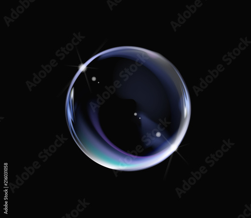 Realistic soap bubble with rainbow colors on black background. Soap Bubble with glares. Bubble illustration vector.