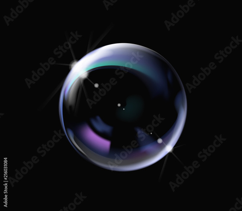Realistic soap bubble with rainbow colors on black background. Soap Bubble with glares. Bubble illustration vector.