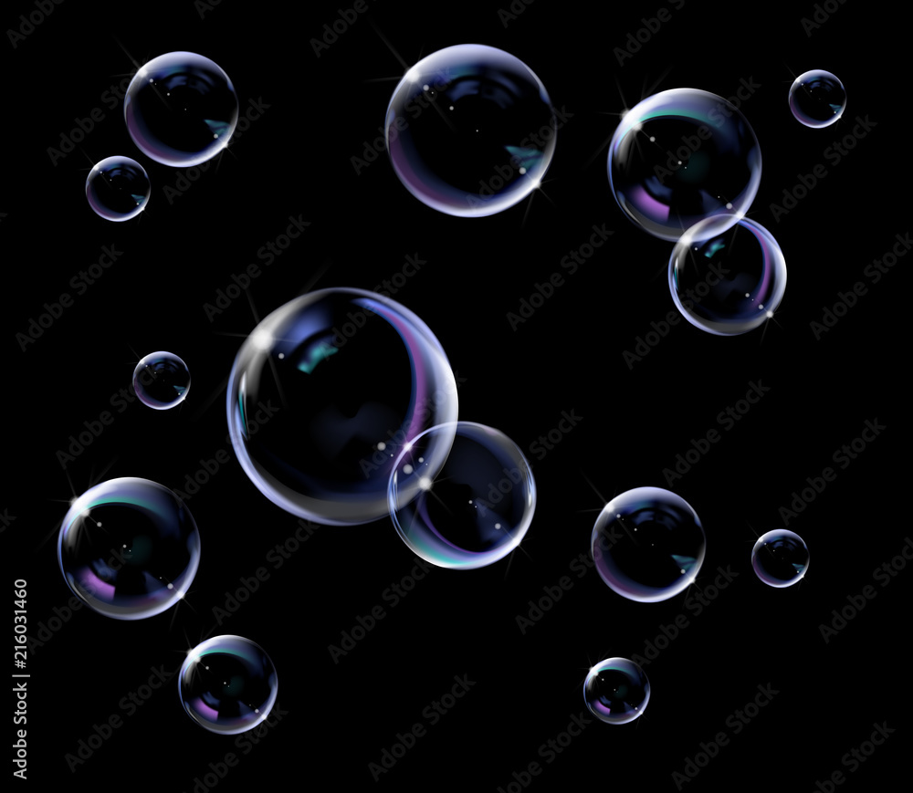 Realistic transparent soap bubbles with rainbow reflection. Isolated set composition.