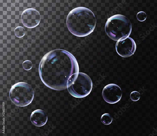 Fotografia Realistic transparent soap bubbles with rainbow reflection