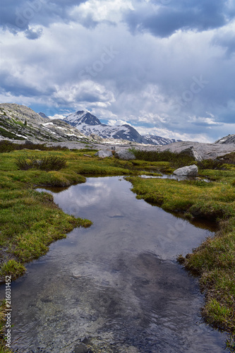 Fototapeta Naklejka Na Ścianę i Meble -  Upper and Lower Jean Lake in the Titcomb Basin along the Wind River Range, Rocky Mountains, Wyoming, views from backpacking hiking trail to Titcomb Basin from Elkhart Park Trailhead going past Hobbs, 