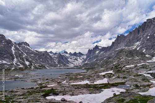 Upper and Lower Jean Lake in the Titcomb Basin along the Wind River Range, Rocky Mountains, Wyoming, views from backpacking hiking trail to Titcomb Basin from Elkhart Park Trailhead going past Hobbs, 