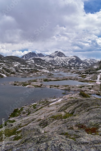 Upper and Lower Jean Lake in the Titcomb Basin along the Wind River Range, Rocky Mountains, Wyoming, views from backpacking hiking trail to Titcomb Basin from Elkhart Park Trailhead going past Hobbs,  photo