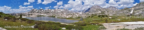 Fototapeta Naklejka Na Ścianę i Meble -  Upper and Lower Jean Lake in the Titcomb Basin along the Wind River Range, Rocky Mountains, Wyoming, views from backpacking hiking trail to Titcomb Basin from Elkhart Park Trailhead going past Hobbs, 