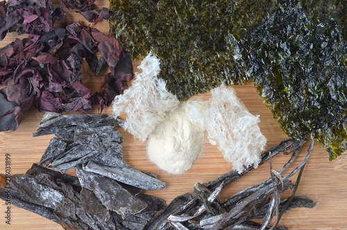 Top view of dries edible seaweed nori kelp dulse wakame alaria agar agar