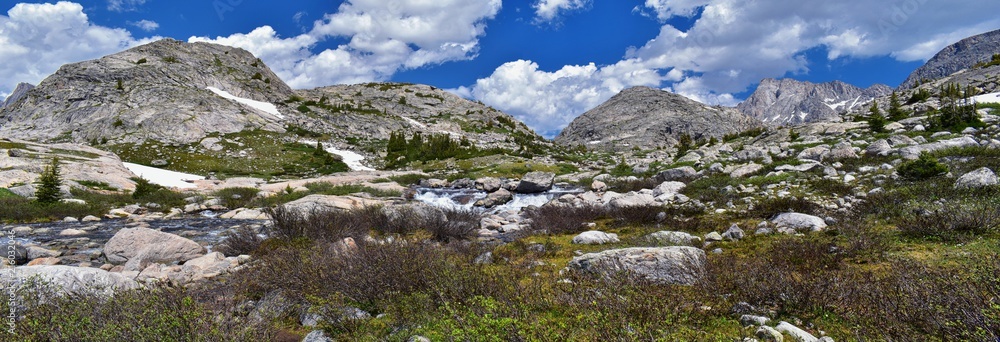 Upper and Lower Jean Lake in the Titcomb Basin along the Wind River Range, Rocky Mountains, Wyoming, views from backpacking hiking trail to Titcomb Basin from Elkhart Park Trailhead going past Hobbs, Upper and Lower Jean Lake in the Titcomb Basin along the Wind River Range, Rocky Mountains, Wyoming, views from backpacking hiking trail to Titcomb Basin from Elkhart Park Trailhead going past Hobbs,