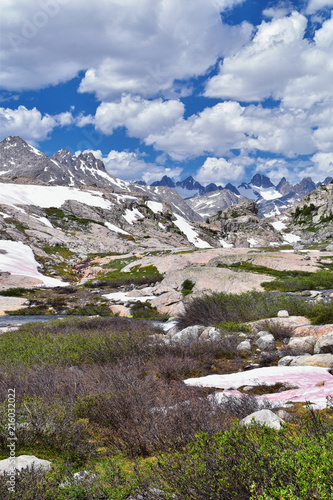 Upper and Lower Jean Lake in the Titcomb Basin along the Wind River Range, Rocky Mountains, Wyoming, views from backpacking hiking trail to Titcomb Basin from Elkhart Park Trailhead going past Hobbs,  photo