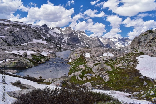 Upper and Lower Jean Lake in the Titcomb Basin along the Wind River Range, Rocky Mountains, Wyoming, views from backpacking hiking trail to Titcomb Basin from Elkhart Park Trailhead going past Hobbs,  © Jeremy